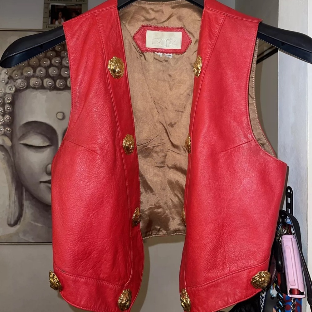 Vintage Caché Red Leather Open Vest With Lion Heads Size Medium